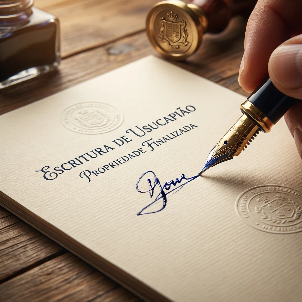 Cliente assinando escritura definitiva de imóvel regularizado via usucapião